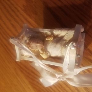 Vintage "Baby's First Christmas" Baby in Cradle Ornament with ribbon